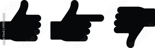 Black silhouettes of hand gestures showing thumbs up, a pointing finger, and thumbs down on white