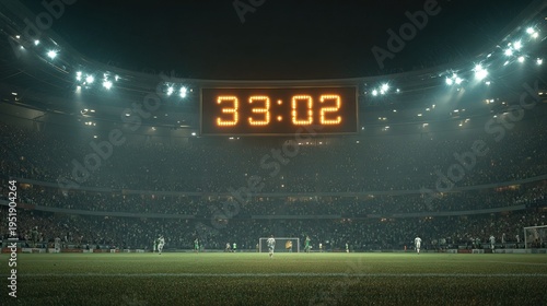 Large digital scoreboard displaying game time hanging above a soccer field in a packed stadium. AI generated image