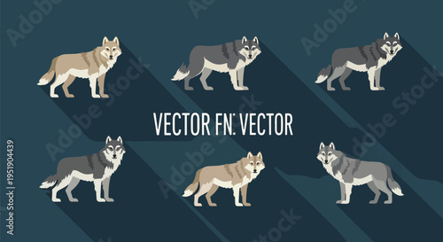 A Grouping of Canis Lupus Figures Arranged on a Plane Surface Represents Wild Canine Fauna and Illustrates Mammalian Wildlife Showing Long Shadows and Diverse Colors of Fur