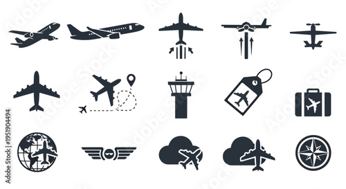 Assortment of Airplane Graphics Commercial Aviation and Travel Themed Icon Set for Design Projects Representing Air Transport and Worldwide Journeys with a Focus on Flight and Destinations