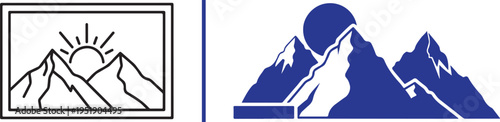 Two mountain icons: a thin black outline of peaks with a rising sun inside a frame, and a bold blue silhouette featuring textured summits and a solid sun disc.