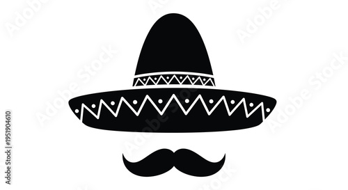 A simple black and white illustration depicts a traditional sombero hat paired with a thick stylized mustache below