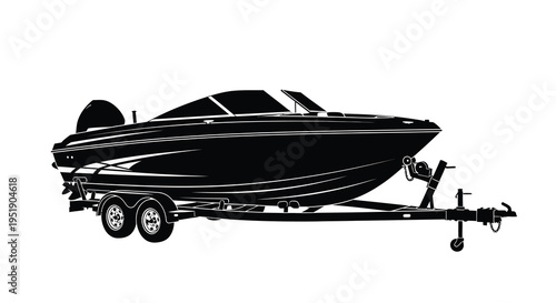 A stark black silhouette depicts a motorboat resting on a trailer showcasing its streamlined design and nautical features