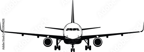 Airplane Silhouette Vector Illustration Front View Featuring Jet Engines and Wings for Commercial Aviation Travel Tourism Logistics Global Transport and Flight Concept