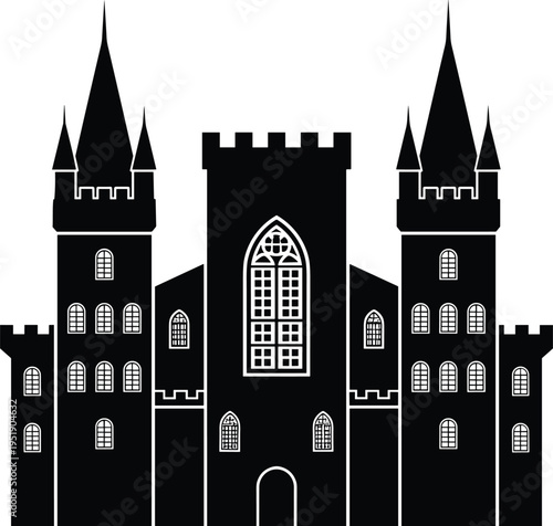 Medieval Gothic Castle Silhouette Vector Illustration Featuring Tall Spires and Stone Towers for Fantasy History Fairytale Kingdom and Ancient Architecture Concept