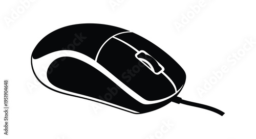 A black and white illustration depicts a computer mouse showcasing its ergonomic design and simple form high quality professional