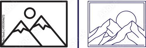 Two landscape icons: a bold black outline of twin mountain peaks with a sun, and a detailed blue line-art version featuring a larger sun tucked behind textured mountain slopes.