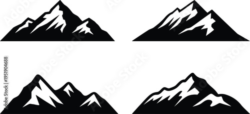 Collection of four distinct black mountain profiles featuring prominent white snow coverage on a pristine white background