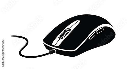 A sleek black computer mouse is displayed in a stark high contrast image showcasing its ergonomic design and wired connection