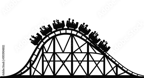 A black silhouette illustration depicts a thrilling rollercoaster ride with several cars ascending a steep hill high quality professional