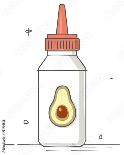 Illustration of a squeeze bottle with an avocado graphic and a coral colored cap