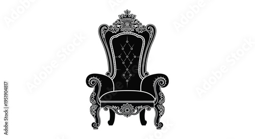 An elegant black and white silhouette depicts a highly ornate regal throne chair with detailed carvings high quality professional modern elegant