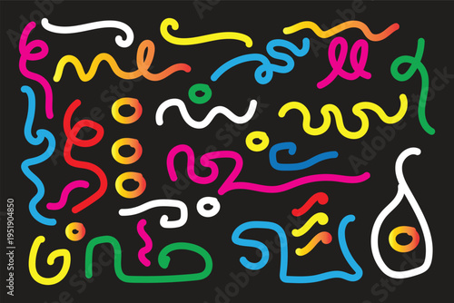 Vibrant abstract art with colorful squiggles and circles on black background