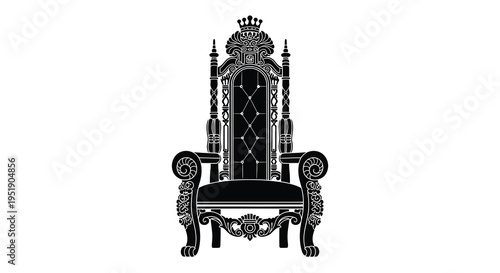 An ornate black throne is displayed against a stark white background featuring intricate carvings and a regal design