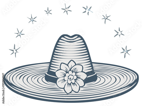 Festive wide brim sombrero decorated with a flower and sparkling stars