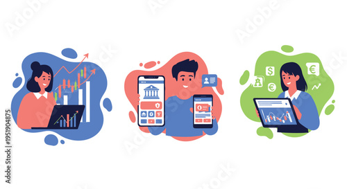 Set of 3 vector people working on devices illustration icons