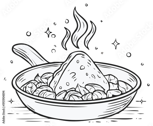 Sketch of savory pancake in pan with stewed vegetables for menu illustration