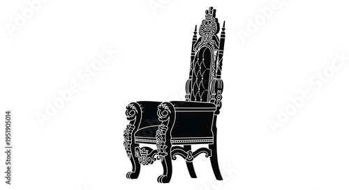 A striking black and white illustration depicts an ornate regal throne with intricate carvings and a high back high quality professional