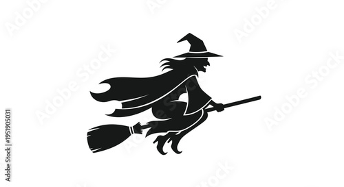 A striking silhouette depicts a witch in mid flight soaring through the air on a traditional broomstick embodying magical themes