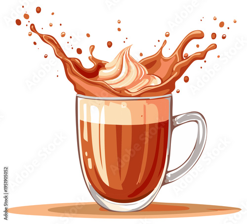 Delicious chocolate drink splashing with whipped cream illustration