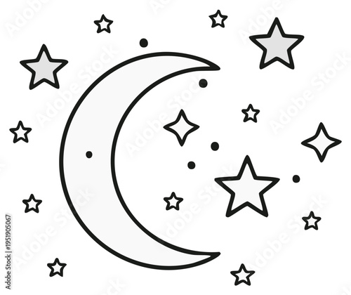 Dreamy crescent moon and stars illustration in black and white. Celestial night sky design with moon phase and scattered stars. Space themed graphics.