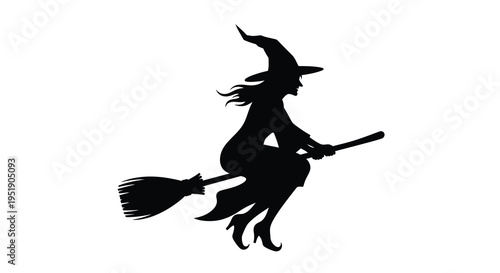 A striking silhouette depicts a witch in flight soaring through the air on a traditional broomstick high quality professional