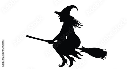 A striking silhouette depicts a witch in flight perched upon a broomstick against a stark white background high quality