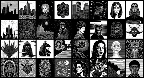Collage of diverse black and white illustrations and portraits.
