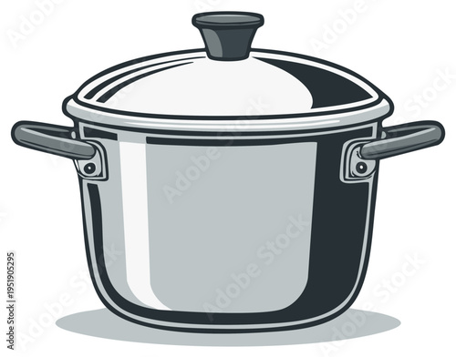 Shiny stainless steel cooking pot with lid and handles
