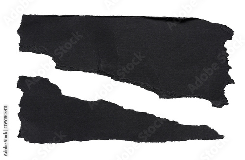 black ripped paper pieces with uneven torn edges isolated on transparent background with copy space.