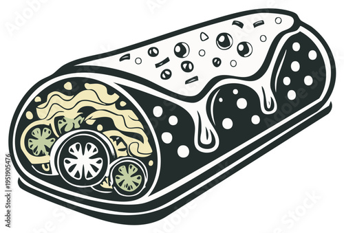 Hand-drawn burrito with toppings and vegetables illustration for fast food restaurant or takeout menus, food advertisement