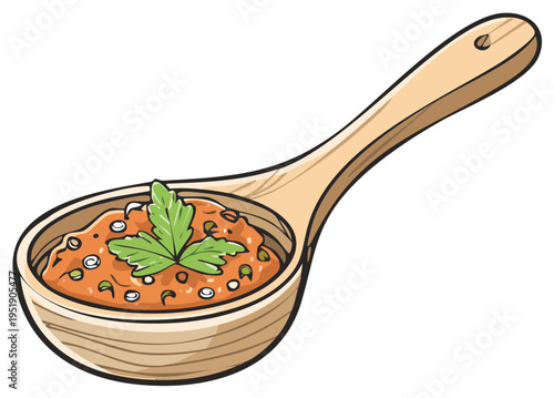 Wooden Spoon with Spicy Sauce and Parsley Garnish Cartoon Illustration