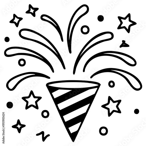 Black and white party popper with stars and confetti illustration