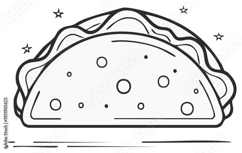 Outline drawing of a taco with star decorations, Mexican food concept