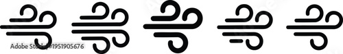 Five identical black wind icons featuring wavy lines depicting air movement on a white surface