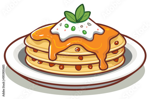 Stack of Fluffy Pancakes with Syrup and Cream Topping on Plate Appetizing Breakfast