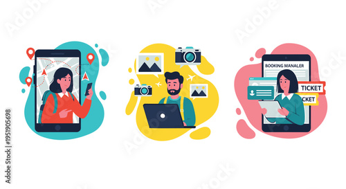 Set of 3 colorful vector illustrations of people using smartphones and laptop for social media
