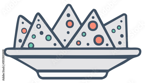 Healthy baked tortilla chips in a bowl with colorful dots a simple illustration of a snack