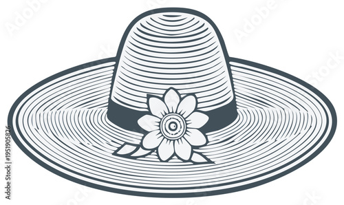 Elegant Wide Brimmed Straw Hat with Flower Decoration Line Art