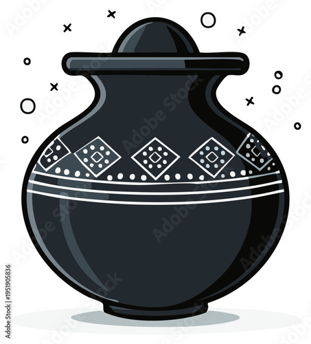 A striking decorative black ceramic pot or vase with elegant white geometric patterns enhancing its artistic appeal and design.