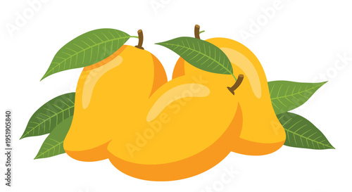 Presentation of Three Mangoes with Fresh Green Leaves Representing Tropical Fruits Healthy Food Choices Dietary Fiber Delicious Flavors and Sweet Treats for Dessert or Snacks
