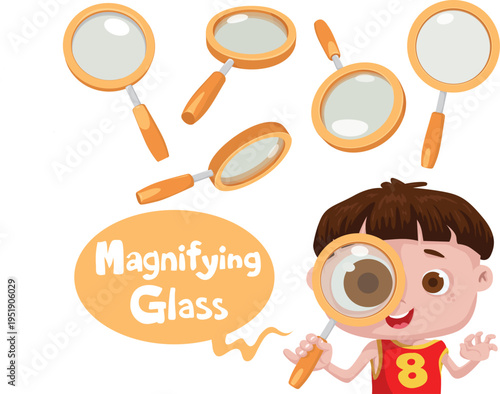 A collection of six magnifying glasses, with a child holding one of them up to his eye.