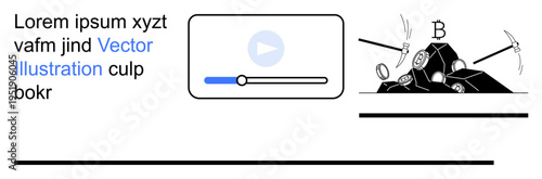 Cryptocurrency, blockchain technology, digital mining processes, financial technology, investment, decentralized currency. Pickaxes targeting rocks a blockchain symbol. Cryptocurrency and blockchain