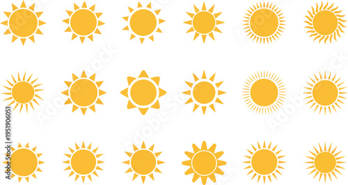 A diverse collection of eighteen yellow sun icons with various ray shapes displayed on a white surface