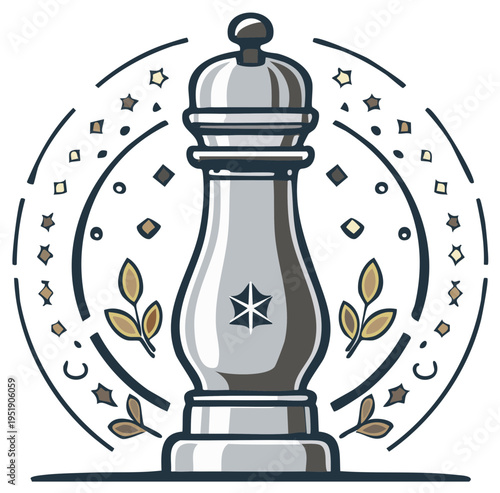 Classic Metal Pepper Mill with Decorative Embellishments and Culinary Symbols