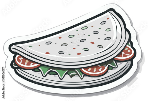 Illustration of a delicious folded flatbread sandwich with fresh lettuce and tomato slices