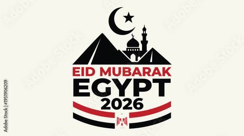 Eid Mubarak Egypt 2026 Logo with Pyramids, Mosque, and Crescent Moon Vector Illustration