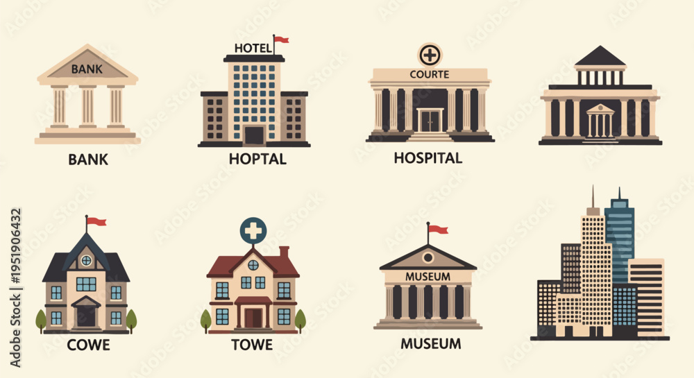 Obraz premium Icons representing various public buildings like a bank hospital courthouse university town hall museum and city skyscrapers presented in a bright and colorful style perfect for municipal