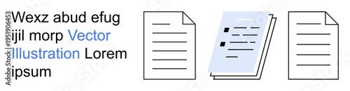 Data management, document processing, digital communication, file organization, paperwork, technology. Three paper icons with text and elements. Data management and document processing concept