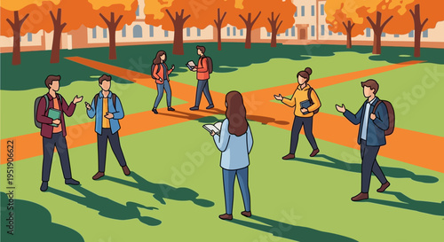 people walking on college campus with buildings and trees in autumn